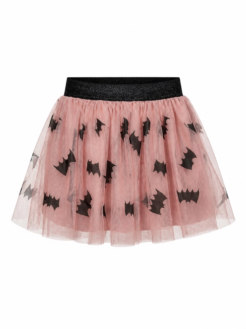 Pinkish/orangeish Tulle Bat Print Skirt with Black Waistband